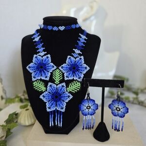 Artisan Huichol Blue Flower Beaded Necklace And Earrings Set